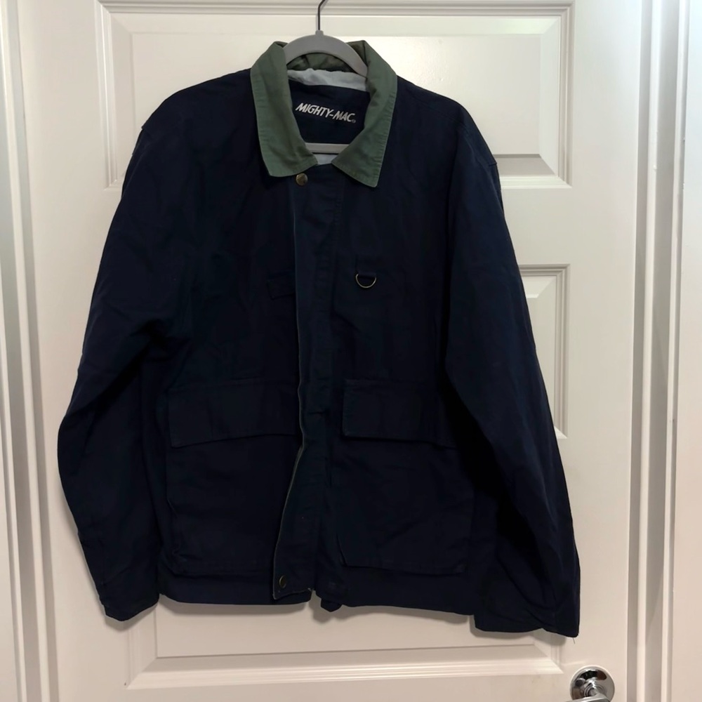 VINTAGE Mighty Mac Men's Navy Jacket with Green Collar